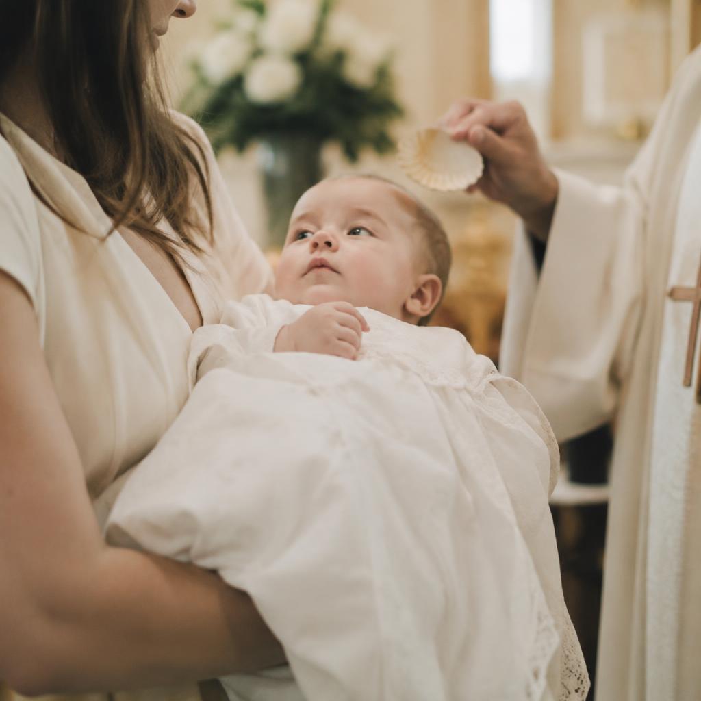 Baby in witte doopjurk tijdens de doop